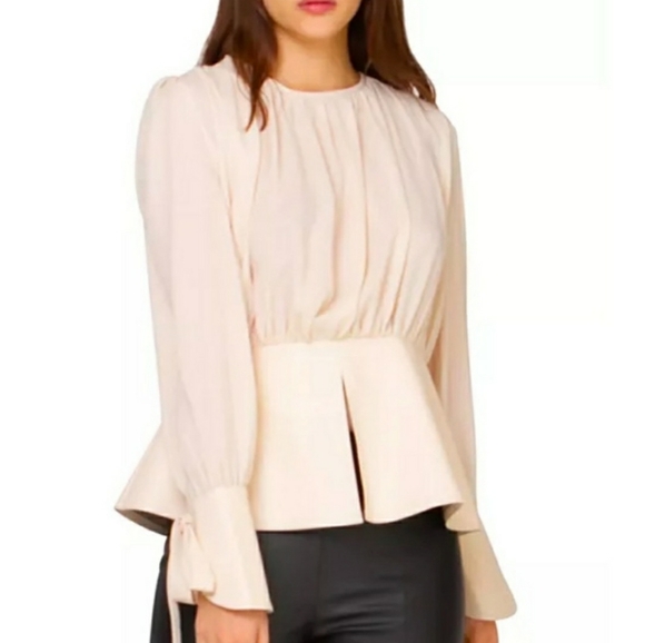 Gracia Black Peplum Chiffon Gathered Blouse With Faux Leather Accents. - Picture 9 of 9